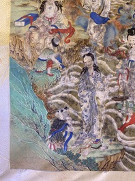 Chinese school, ink and color on canvas: 'Mountainous landscape with goddesses, mythical animals and boys', 19/20th C.